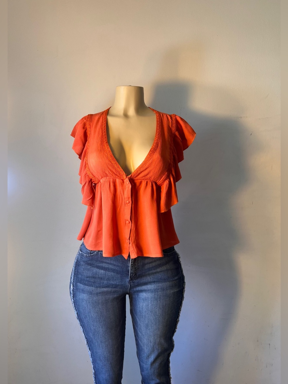 Cute Orange Ruffle Sleeve Blouse